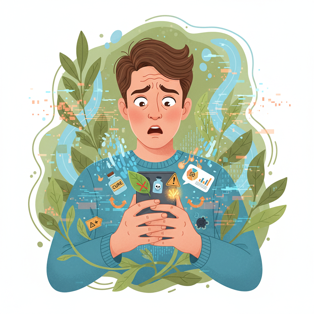 A person holding a smartphone, looking confused and slightly overwhelmed while reading conflicting information about herbal remedies. The background is a blurry mix of natural elements and digital data, symbolizing the information overload. Style: contemporary illustration, no text.