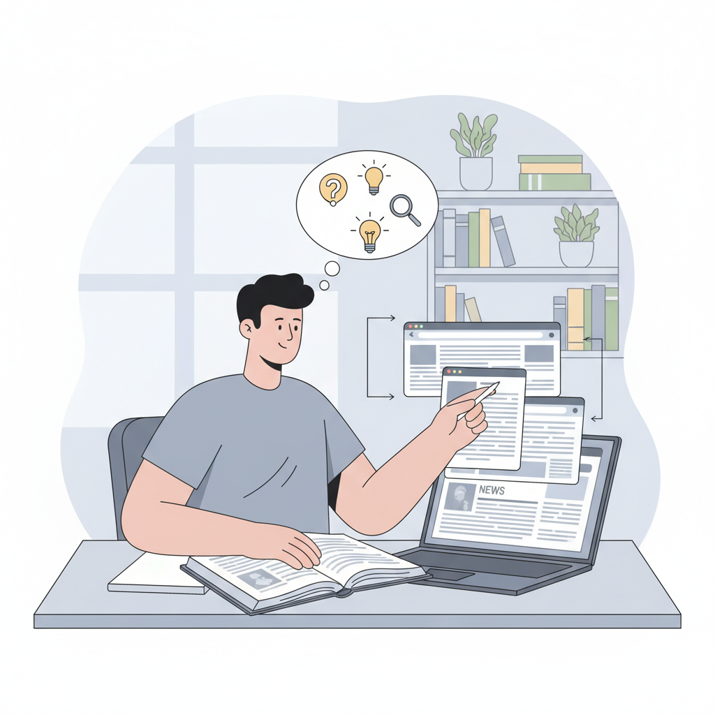 A person is diligently researching on a laptop, cross-referencing information from a physical book with multiple digital sources. The scene emphasizes critical thinking and verification of content. Style: modern, clean illustration, with an atmosphere of quiet study. No text.