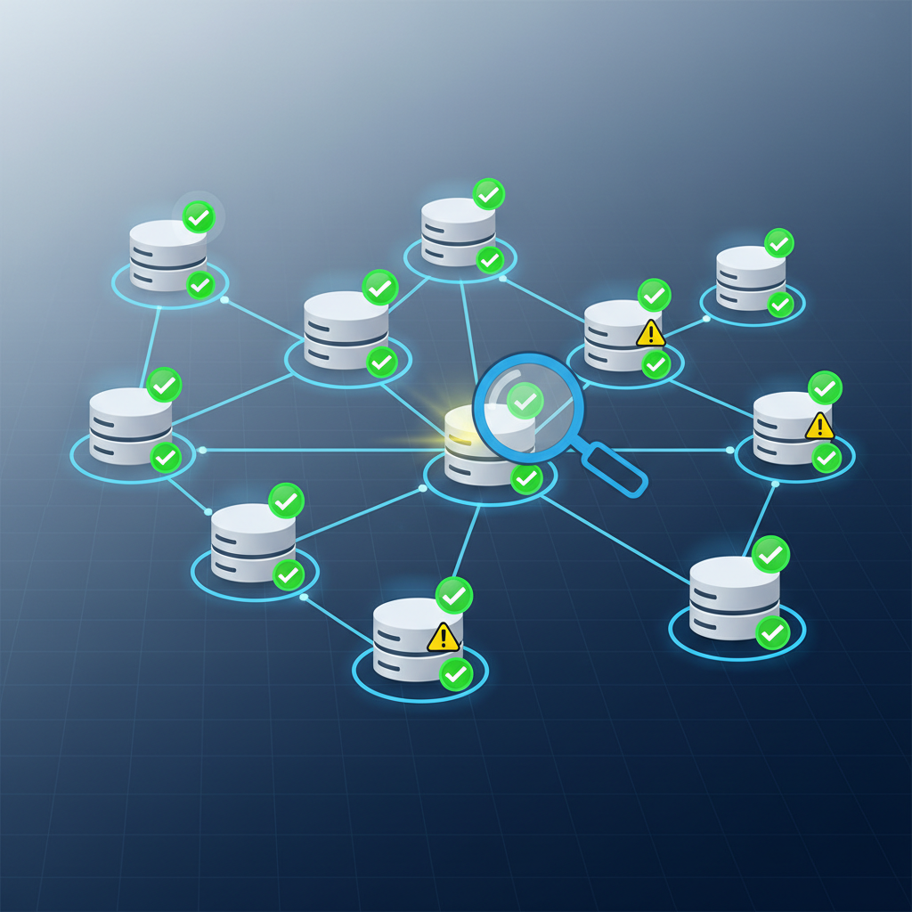 A clean infographic showing a network of interconnected servers and applications, with a green "Up" status on most and a few subtly flashing "Warning" signs, symbolizing early detection of issues. A stylized magnifying glass hovers over a server. The overall style is modern and digital, no text, clean infographic.
