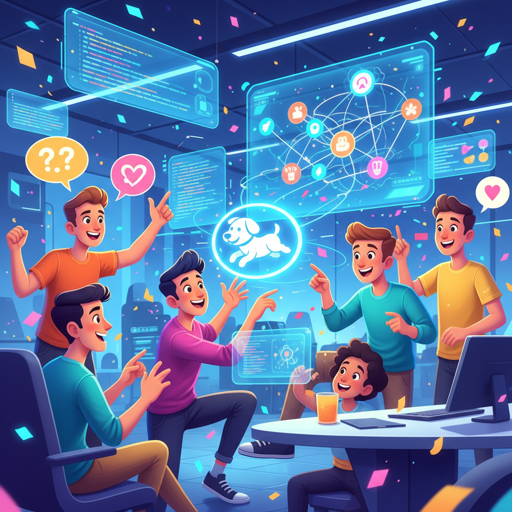 A vibrant illustration of developers brainstorming and interacting with digital screens, showing speech bubbles with witty remarks and a concept of "updog" being passed around. The atmosphere is energetic and collaborative, with a modern, clean illustration style. No text.