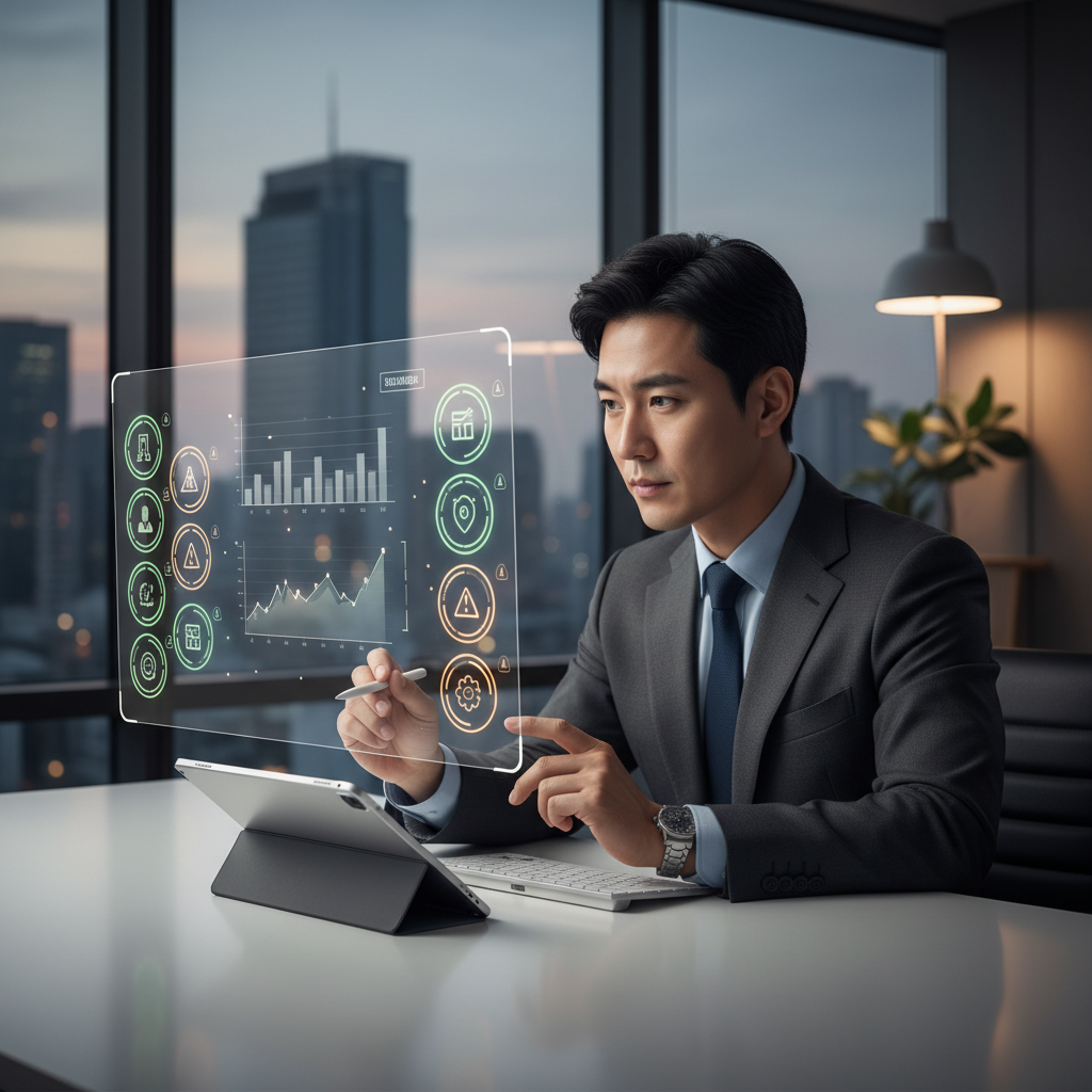 A focused Korean business professional looking at a clean digital dashboard displaying various app statuses, some green and some with subtle warning indicators. The professional is making notes, symbolizing proactive business management. Style is professional lifestyle photography, no text.