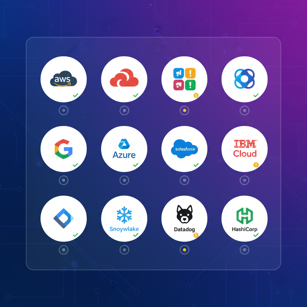 A vibrant and modern infographic showing various popular cloud service logos (e.g., AWS, Cloudflare, Slack, OpenAI) arranged neatly on a digital dashboard interface. Each logo has a small, clear status indicator (e.g., a green checkmark or a yellow exclamation mark). The style is clean and informative, no text.