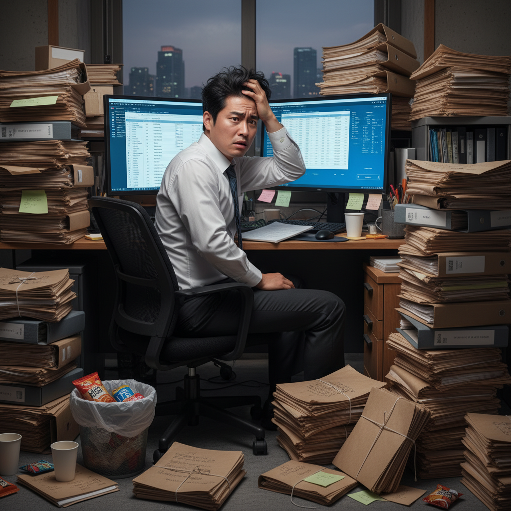 A Korean man looking stressed while surrounded by stacks of government procurement documents and digital files on a computer screen. The office setting is a bit messy, indicating a struggle with bureaucracy. Style: lifestyle photography. No text.