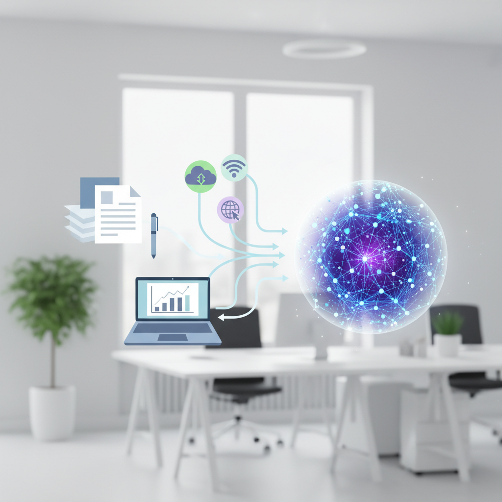 A clean infographic showing various data sources like paper documents, laptops, and web icons flowing into a central, glowing data hub. The data hub is labeled 'Starbridge' (text not visible, implied by context). The background is a clean, modern office. Style: clean infographic. No text.