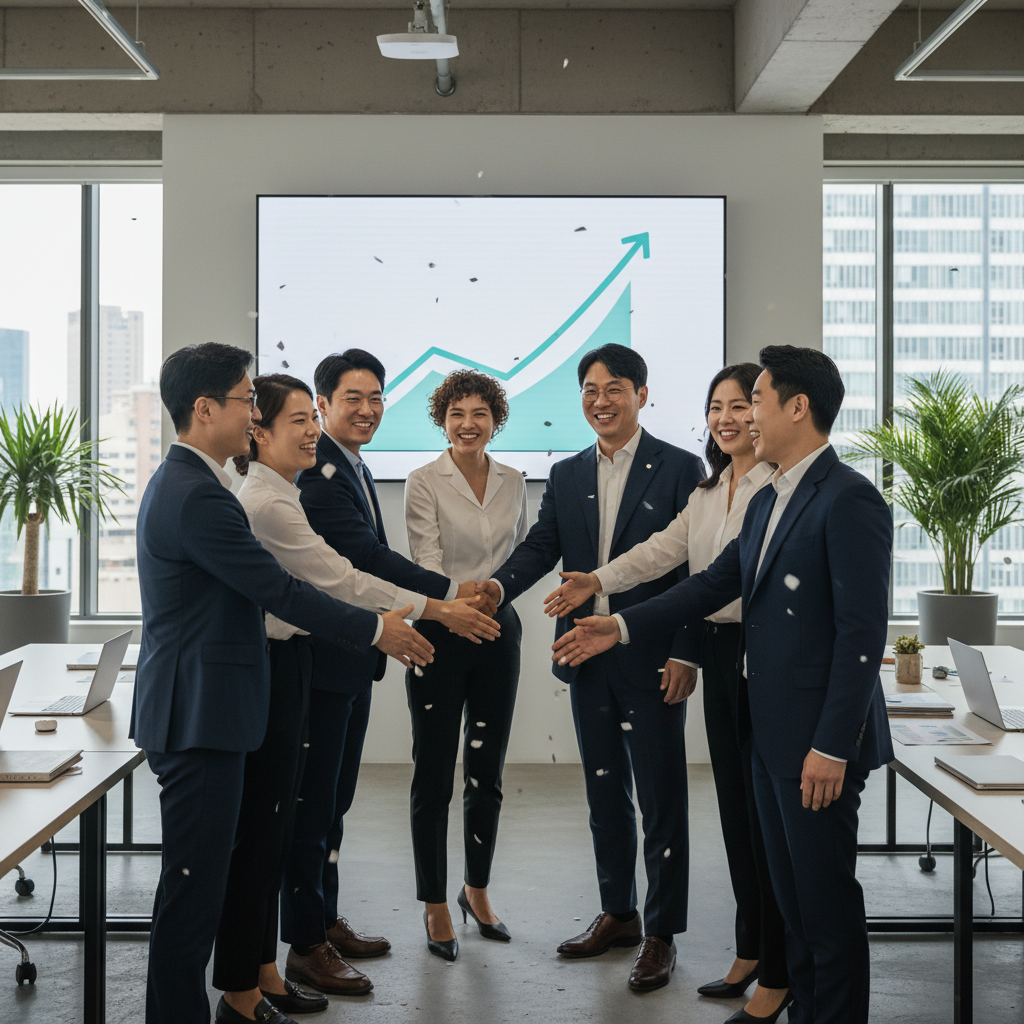 A diverse group of Korean entrepreneurs and investors in a modern office setting, shaking hands and smiling, celebrating a successful funding round. A graph showing upward growth is visible on a digital screen in the background. Style: lifestyle photography. No text.