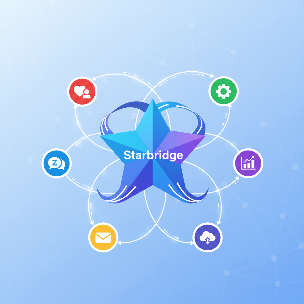 An infographic illustrating various business applications (CRM, Slack, email sequencer icons) seamlessly integrated with a central 'Starbridge' platform (implied, no text). Data flows smoothly between systems, representing efficiency and automation. Style: clean infographic. No text.