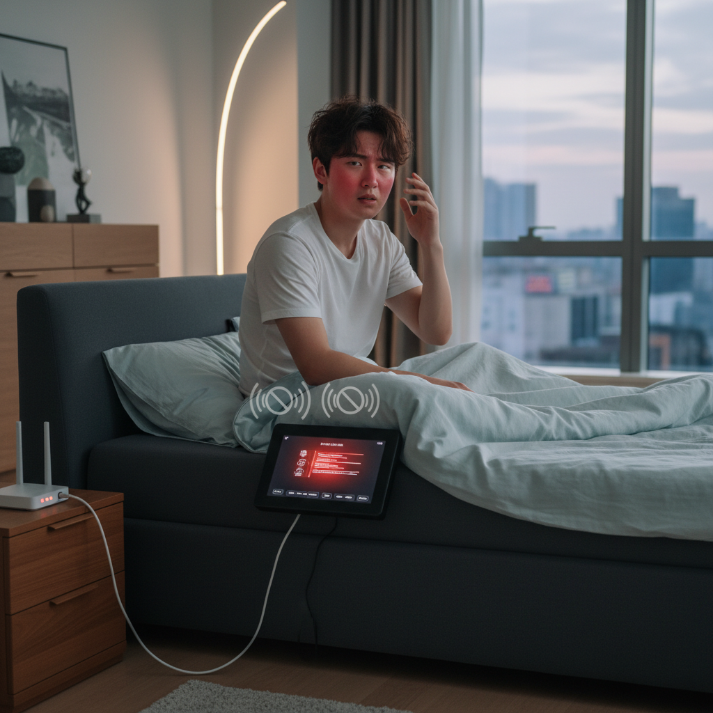 A modern smart bed, possibly from Eight Sleep, with a confused or frustrated Korean person waking up hot. The bed controls are showing an error or unresponsive state, with network outage symbols hovering above. The room setting is contemporary and comfortable. Style: lifestyle photography. No text.