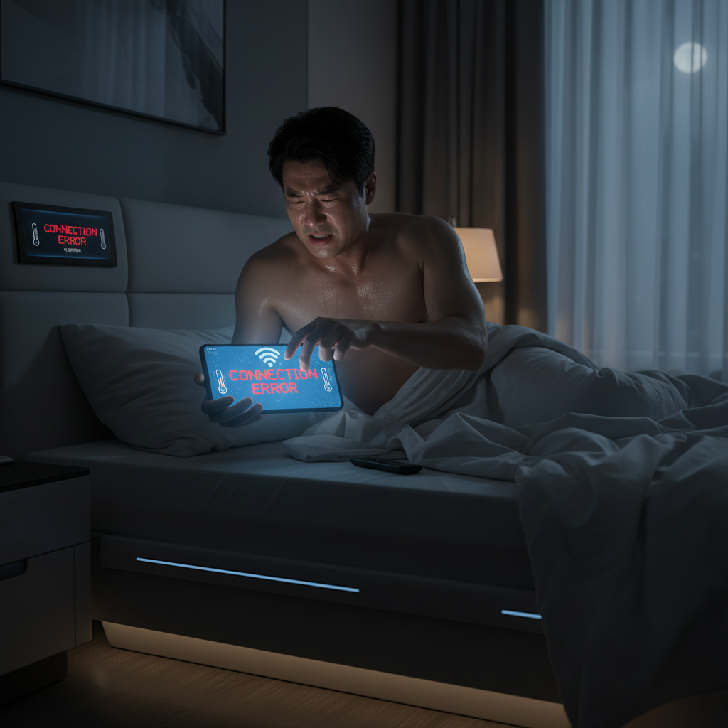 A Korean man looking frustrated and hot in bed at night, unable to adjust his smart bed's temperature. The smart bed's control panel or app screen shows a "connection error" message or a similar outage indicator. The bedroom is dimly lit. Style: lifestyle photography. No text.