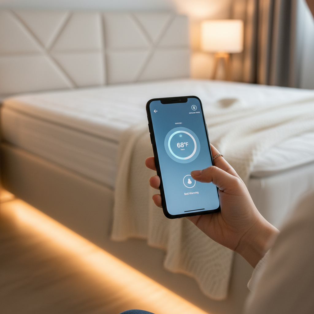 A Korean woman's hand using a smartphone app to control the temperature of a smart bed, possibly an Eight Sleep Pod, with a visible Bluetooth icon on the screen indicating offline mode. The bed is modern and the lighting is soft. Style: lifestyle photography. No text.