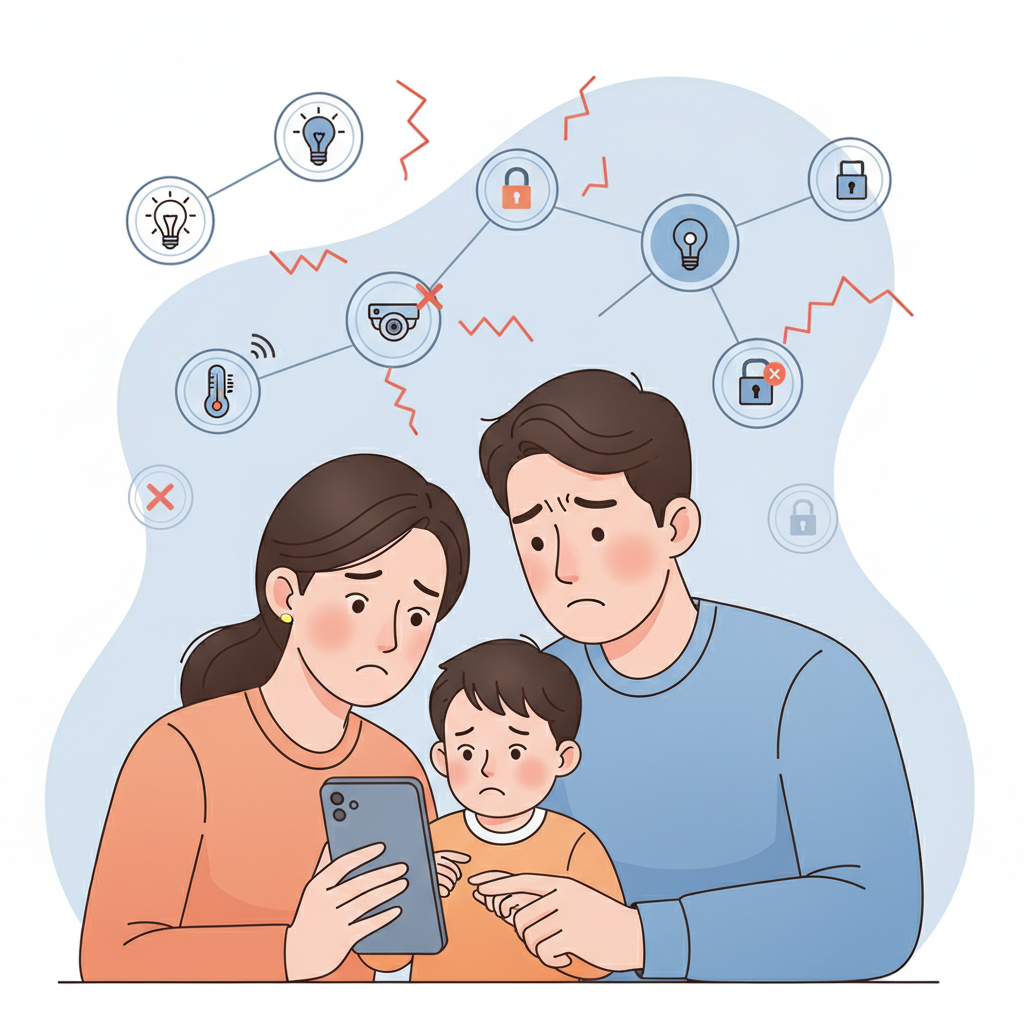 A Korean family (parents and a child) looking concerned while checking smart home device statuses on a smartphone app. In the background, various smart home icons like light bulbs, thermostats, and security cameras are depicted in a somewhat chaotic, disconnected manner, symbolizing potential issues. Style: clean infographic with lifestyle elements. No text.