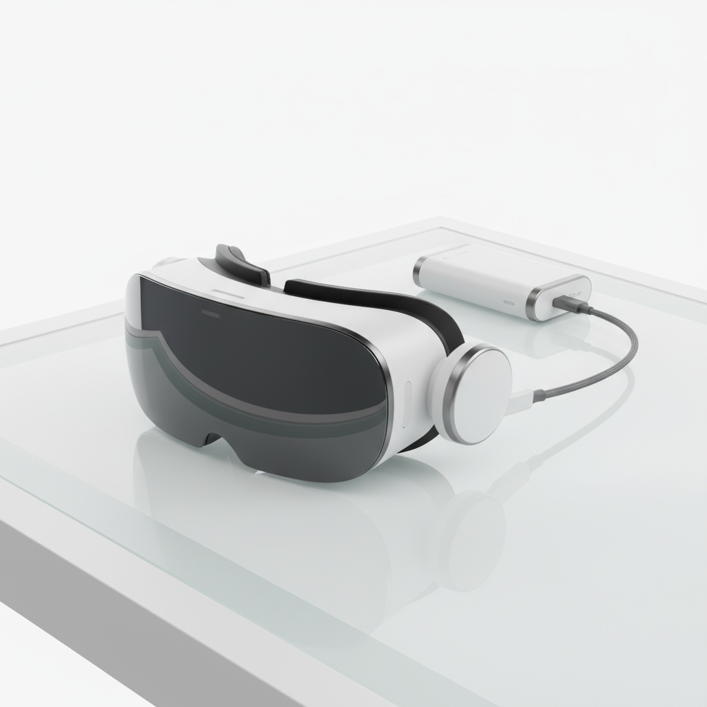 A sleek Samsung Galaxy XR headset displayed on a modern tech desk, featuring the distinctive design with external battery pack connected by cable, professional product photography lighting, clean white background, realistic details showing the premium build quality. No text.