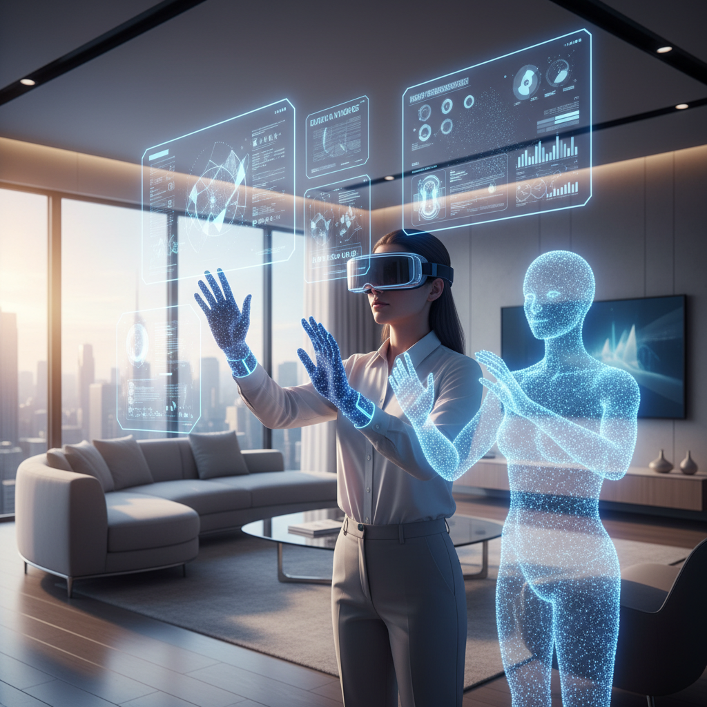Futuristic AR interface showing floating windows and AI assistant elements in a modern living room environment, person wearing XR headset interacting with holographic displays, clean lifestyle photography. No text.