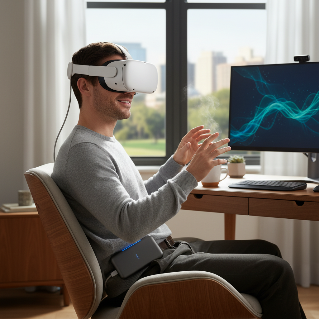 Person comfortably wearing Samsung Galaxy XR headset in a modern home office setting, showing the external battery pack and cable setup, natural lighting, lifestyle photography showcasing ergonomic design. No text.