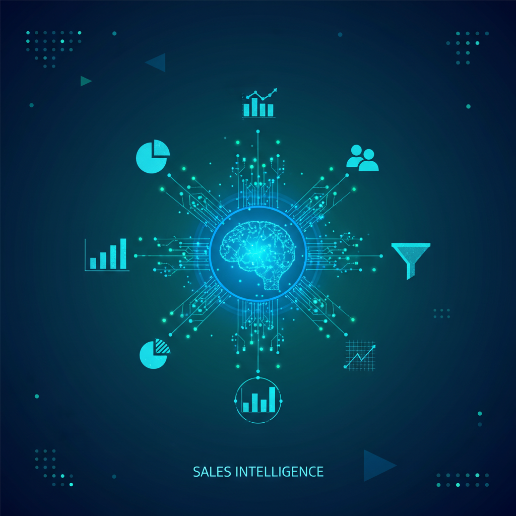 A dynamic infographic showing data points connecting into a knowledge graph, with a focus on sales intelligence. Stylized with modern blue and green tones, highlighting AI-powered insights for businesses. No text.