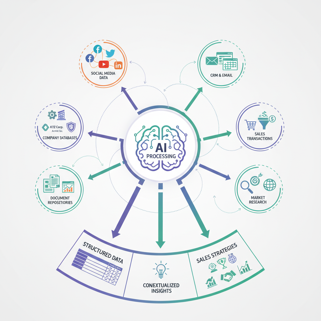 An intricate infographic illustrating a knowledge graph connecting various data sources like social media icons, company logos, and document symbols. Emphasize the AI processing at the center, transforming raw data into structured, contextualized insights for sales. Clean and modern design. No text.
