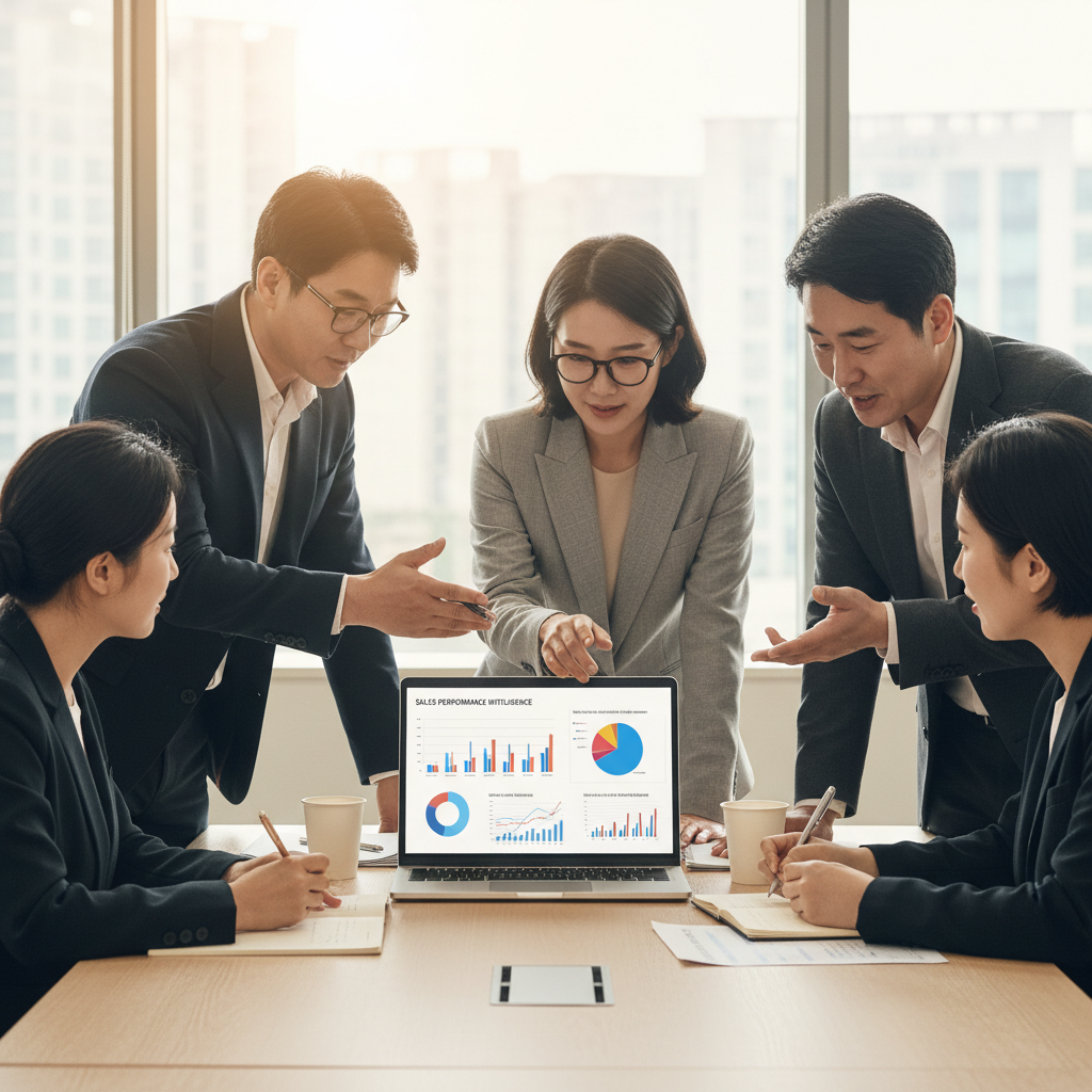 A diverse group of Korean business professionals having a productive meeting, with a laptop displaying sales intelligence data. The atmosphere is collaborative and innovative, with a focus on problem-solving and strategic planning. Lifestyle photography. No text.