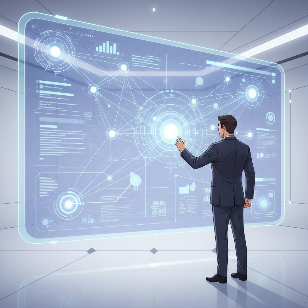 A stylized illustration of a person interacting with a large, glowing knowledge graph or data visualization on a screen. The graph clearly shows connections and insights, representing advanced AI analytics for strategic business decisions. Futuristic, clean style. No text.