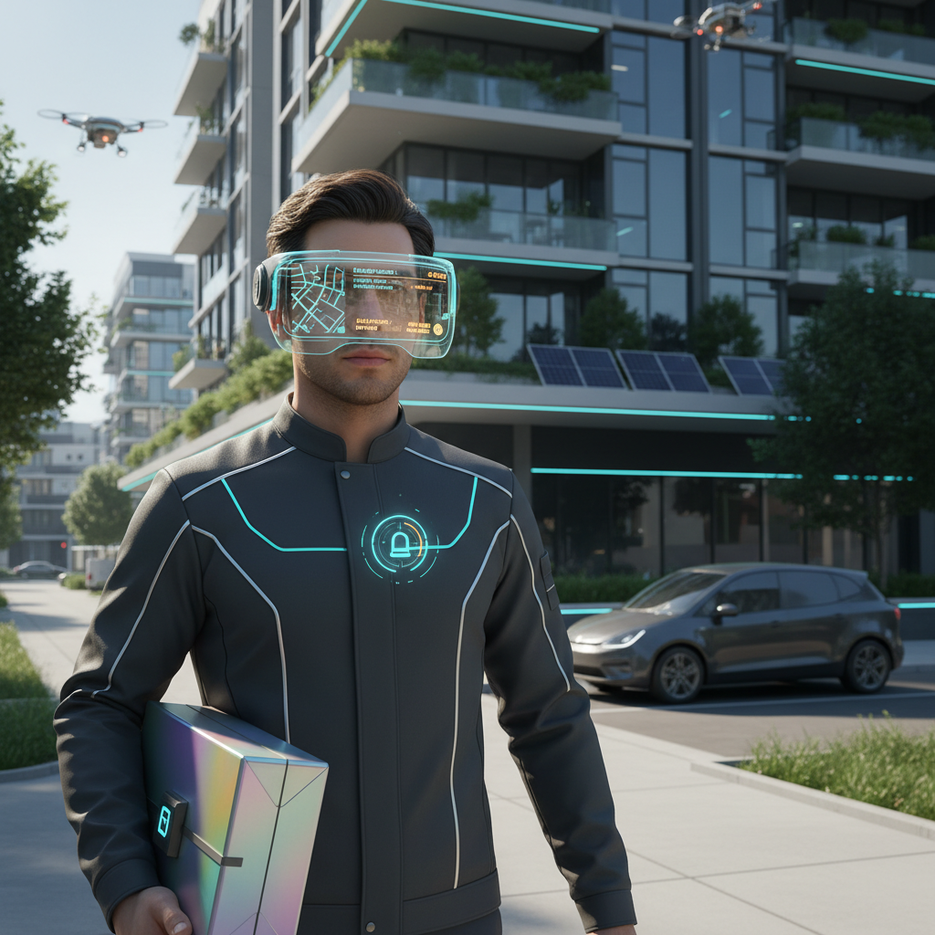 A delivery driver wearing futuristic smart glasses while holding a package, walking towards a residential building. The scene shows a modern urban environment with natural daylight, emphasizing the high-tech glasses with subtle AR display elements. Realistic photography style, no text.