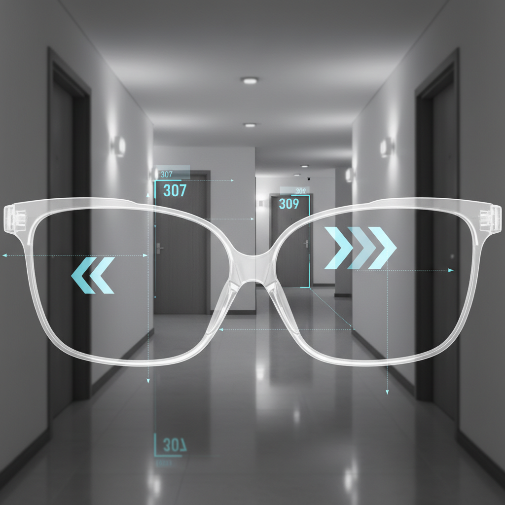First-person view through smart glasses showing AR navigation overlay in a complex apartment building hallway, with digital arrows and room numbers highlighted. Modern indoor lighting, realistic perspective, clean infographic style, no text.
