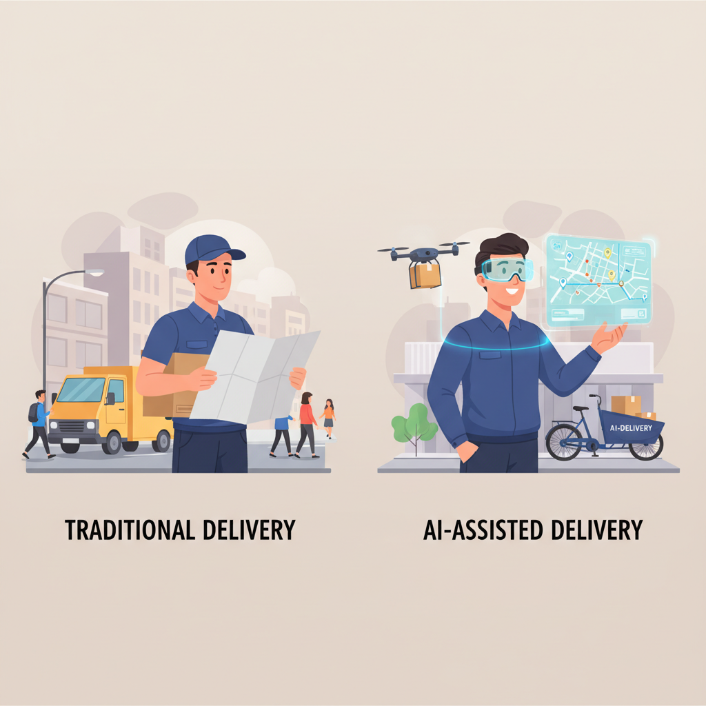 Split-screen comparison showing traditional delivery method on left and futuristic AI-assisted delivery on right, with smart glasses technology highlighted. Clean infographic style with modern tech elements, natural lighting, no text.