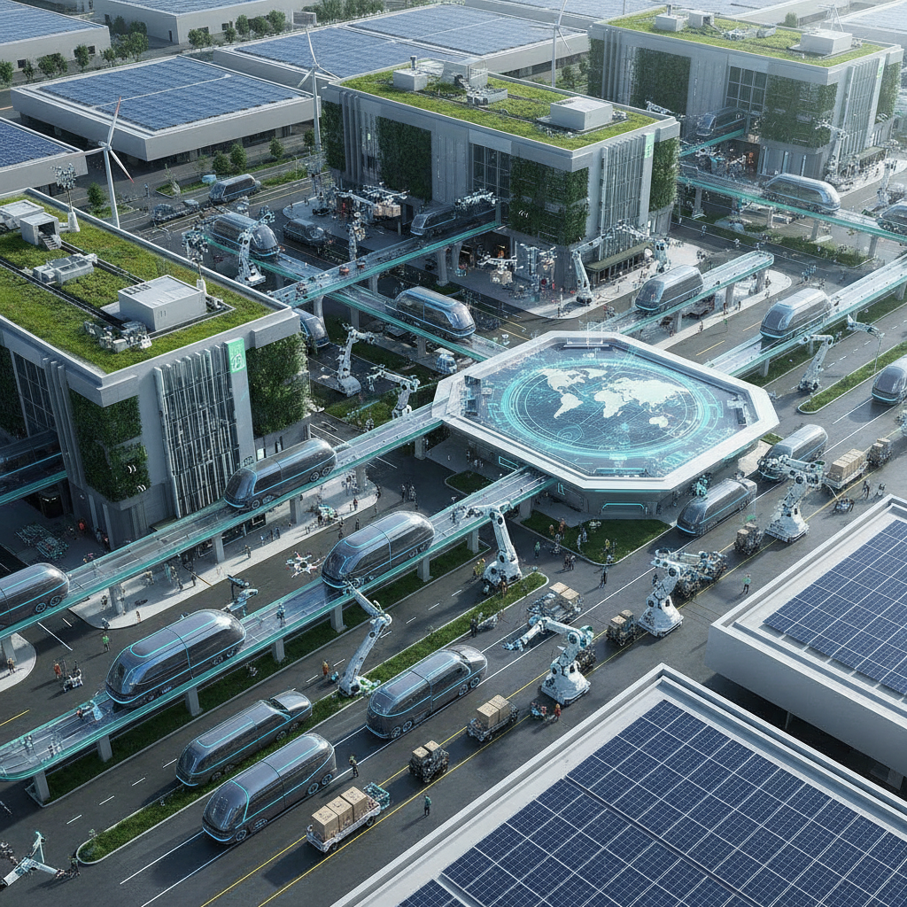 Futuristic logistics center with multiple delivery trucks, drones, and workers using advanced wearable technology. Birds-eye view showing the integration of AI and automation in modern shipping industry. Clean, professional photography style, no text.
