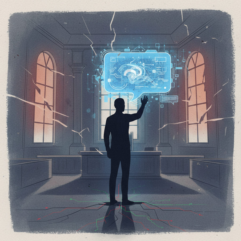 An illustrative image showing a silhouette of a person interacting with a glowing AI chatbot interface, with a subtle shadow of a courtroom in the background, symbolizing ethical dilemmas and legal challenges. The atmosphere is serious and contemplative. Style: conceptual illustration. No text.