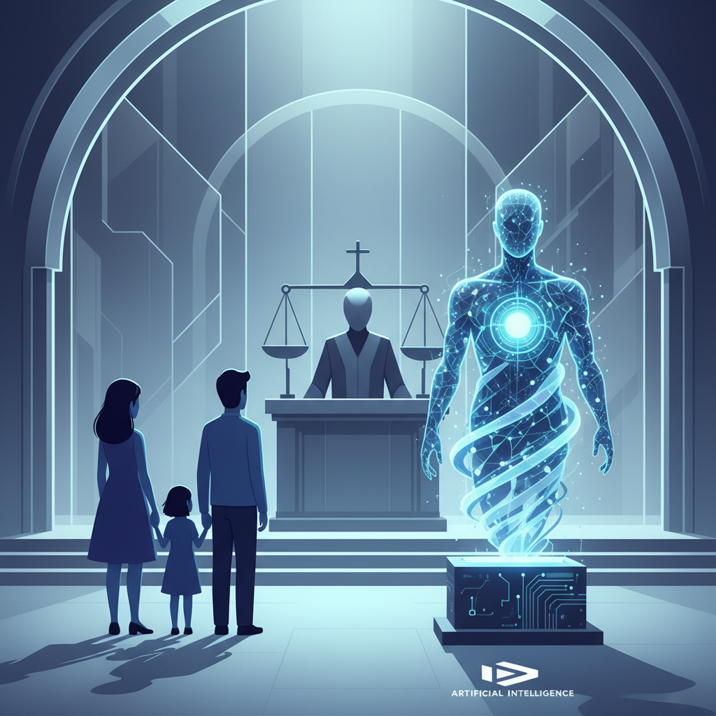 A digital illustration of a courtroom scene, with a family figure facing a stylized, almost ethereal representation of AI technology, symbolizing the legal challenge against an AI company. The setting is modern and slightly abstract. Style: digital illustration with a clean, serious tone. No text.