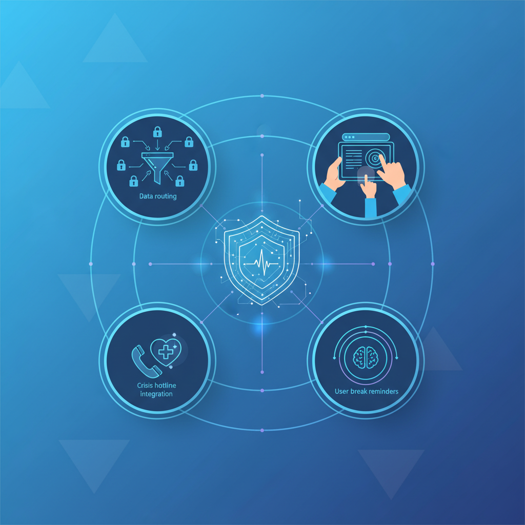 A sophisticated infographic depicting various AI safety measures in action: data routing, parental controls, crisis hotline integration, and user break reminders, all designed to protect vulnerable users. Style: clean infographic with a focus on interconnected systems. No text.