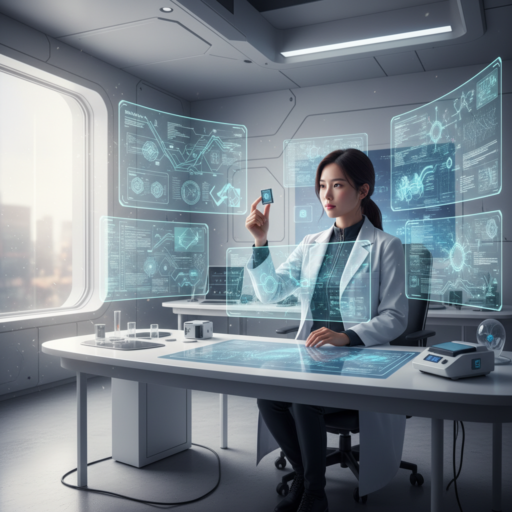 A Korean female AI researcher in a lab setting, surrounded by futuristic holographic displays showing data and neural networks, looking thoughtfully at a small, efficient AI chip. The scene emphasizes innovation and efficiency, with clean infographic style. Natural light, no text.