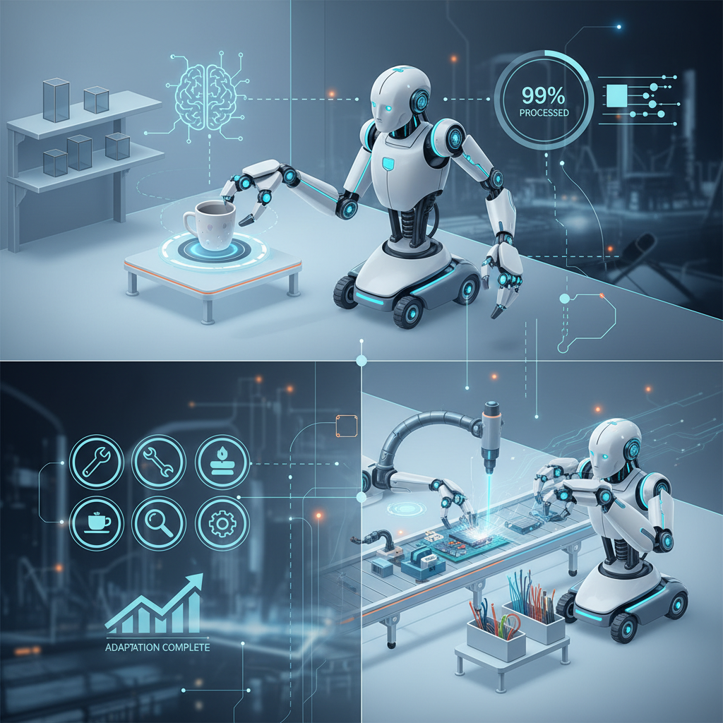 An advanced AI robot, designed with sleek, modern aesthetics, interacting smoothly with diverse real-world objects in a dynamic environment, like a smart home or factory floor. The scene highlights continuous learning and adaptation, with a focus on efficient, real-time experience processing. Clean infographic style, no text.