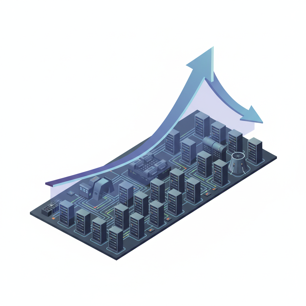 A dynamic infographic showing a rising curve that starts to flatten and then declines, representing diminishing returns of AI scaling. Below it, data centers and complex networks are depicted, emphasizing the enormous computational resources consumed. The color scheme is modern and slightly muted, no text.