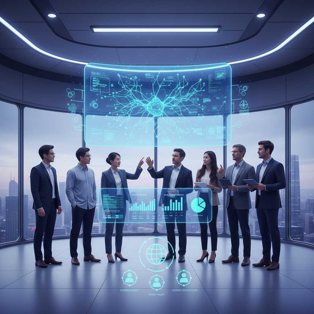 A diverse group of Korean AI researchers collaborating around a holographic projection of an adaptive AI system, showing real-time learning and efficient resource use. The atmosphere is innovative and forward-thinking, emphasizing global talent and diverse perspectives in AI development. Clean infographic style, no text.
