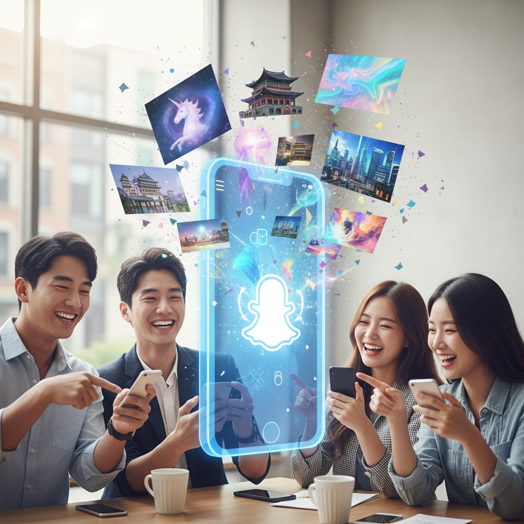 A vibrant and clean infographic showing a smartphone screen displaying the Snapchat app with various AI-generated images popping out from it, symbolizing creativity and free access. Korean people using the app happily. Lifestyle photography style. No text.