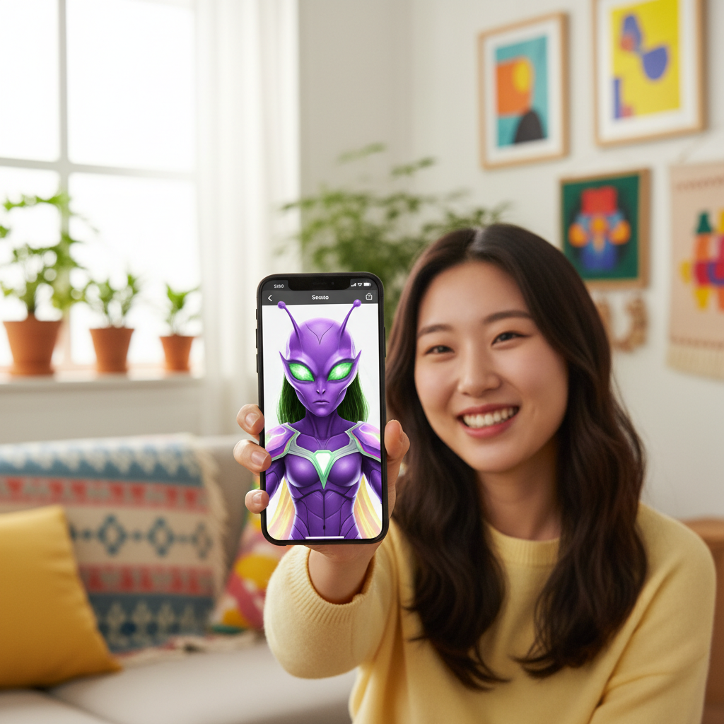 A creative lifestyle photography scene where a young Korean woman is using Snapchat's AI Lens on her phone. On the phone screen, an AI-generated image shows her selfie transformed into a whimsical alien or a superhero. The background is bright and engaging. No text.