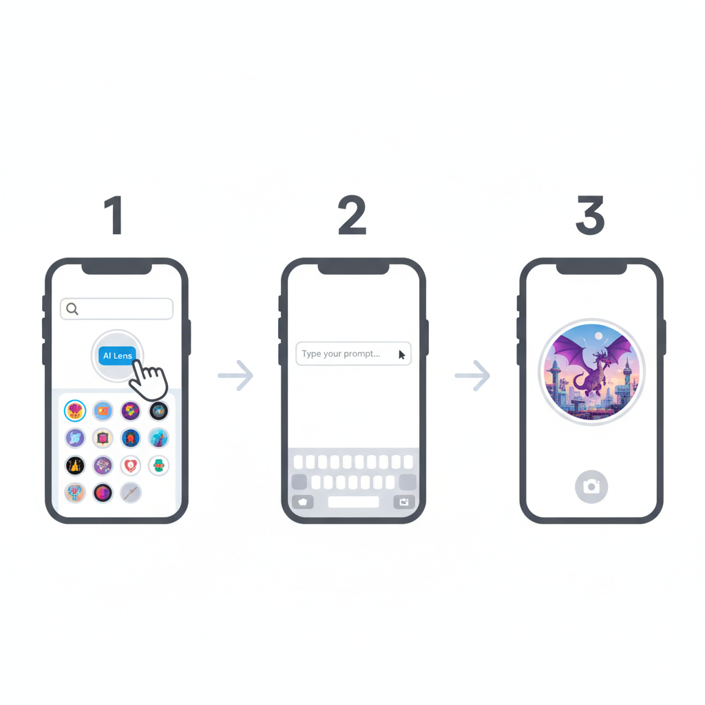 A clean and easy-to-understand infographic showing a step-by-step guide on how to use Snapchat's AI Lens. It displays a smartphone with different screens representing finding the lens, typing a prompt, and seeing the AI-generated result. Use clear icons and a minimalist design. No text.