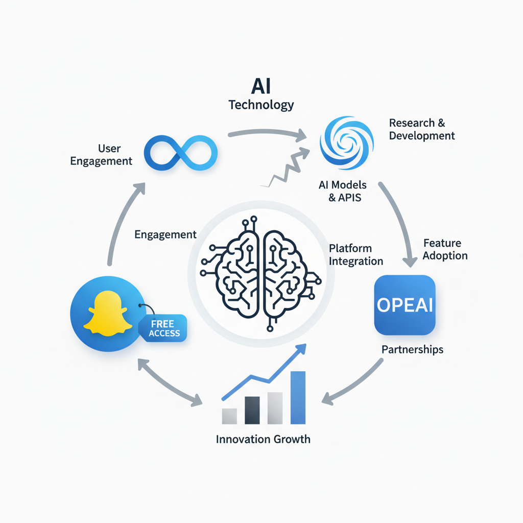 An illustrative infographic showing competitive landscape of AI technology. Multiple social media app logos (Snapchat, Meta, OpenAI) are depicted, with arrows indicating competition and innovation. Snapchat's logo is highlighted with a 'free access' tag. Clean, modern infographic style. No text.