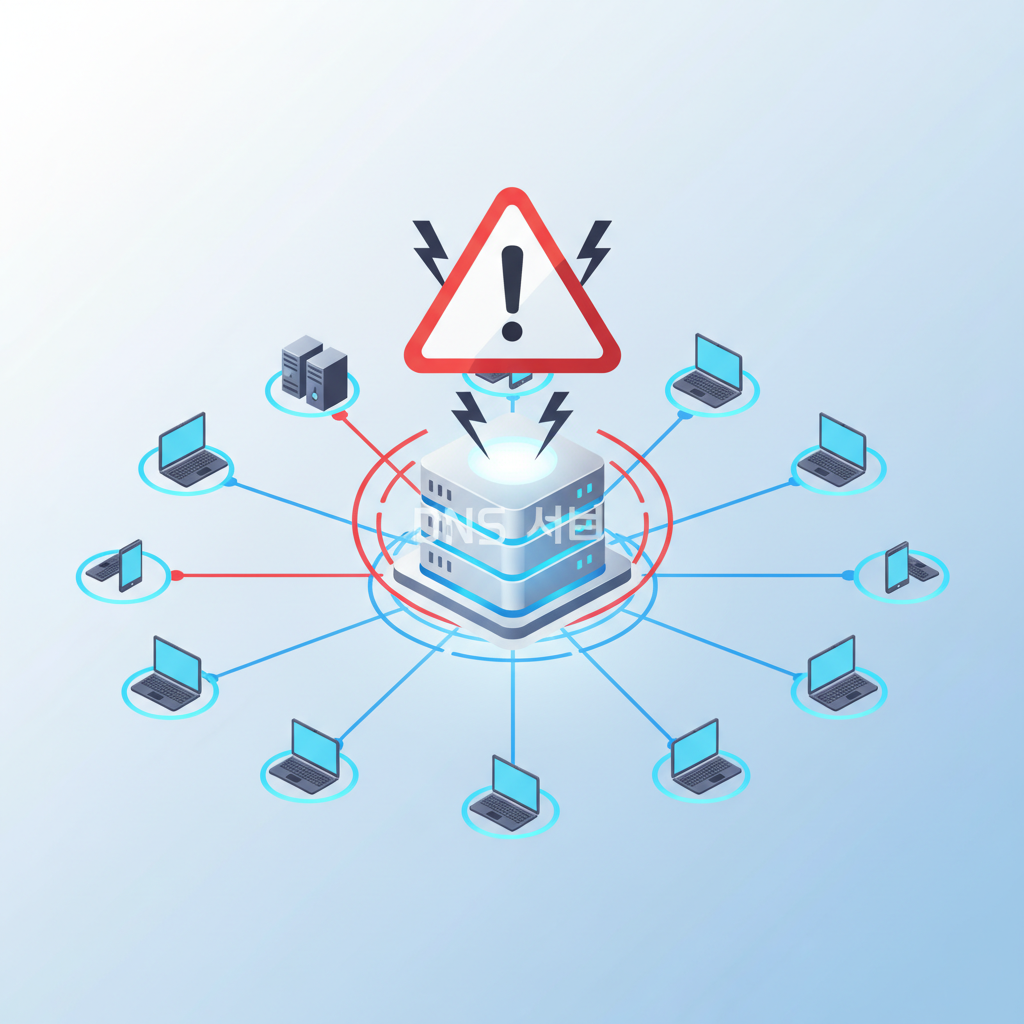A stylized infographic showing a network of computers with a warning sign over a DNS server, symbolizing a potential security threat. Clean infographic style, no text, Korean characters for 'DNS' might be subtly integrated if possible but prioritize no text. Natural lighting.