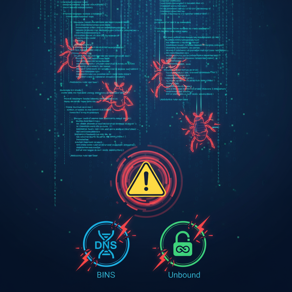 A digital representation of code with visible "bugs" or "exploits" highlighted, affecting icons representing BIND and Unbound software. A warning symbol is prominent. Clean infographic style, no text.