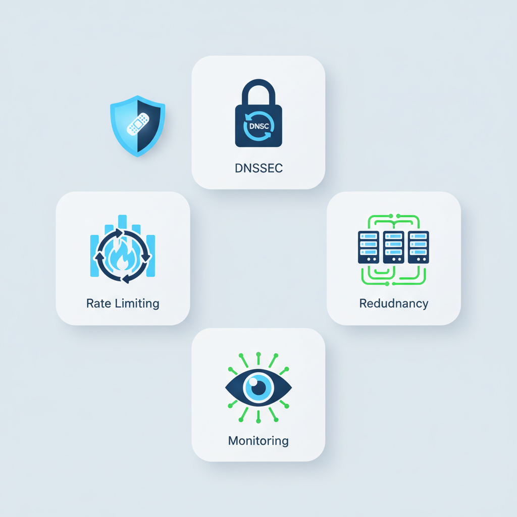 A multi-panel infographic illustrating five distinct cybersecurity measures: a shield for patching, a lock for DNSSEC, a firewall icon for rate limiting, multiple servers for redundancy, and an eye for monitoring. Clean infographic style, no text, modern design.