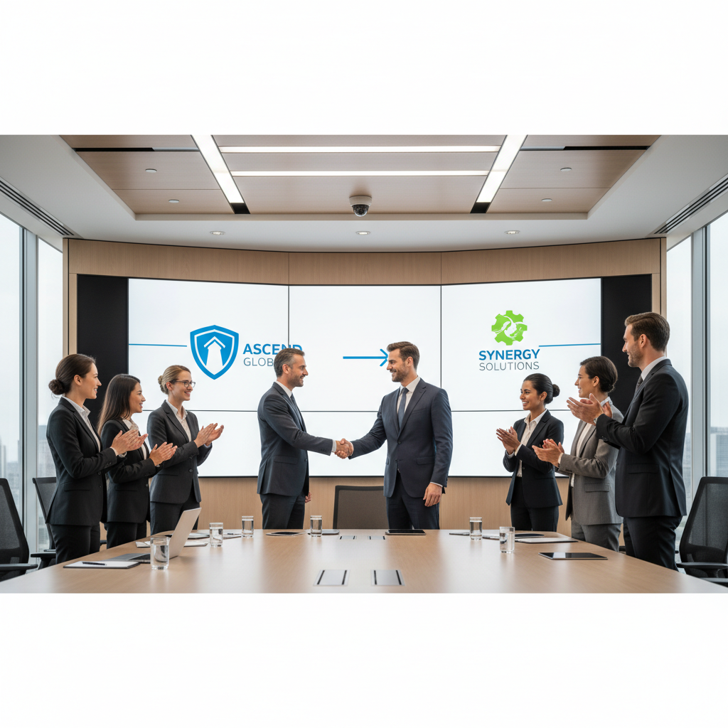 Professional business meeting scene showing corporate acquisition announcement, executives shaking hands in modern office setting with digital displays showing company logos, clean corporate atmosphere, natural lighting, no text