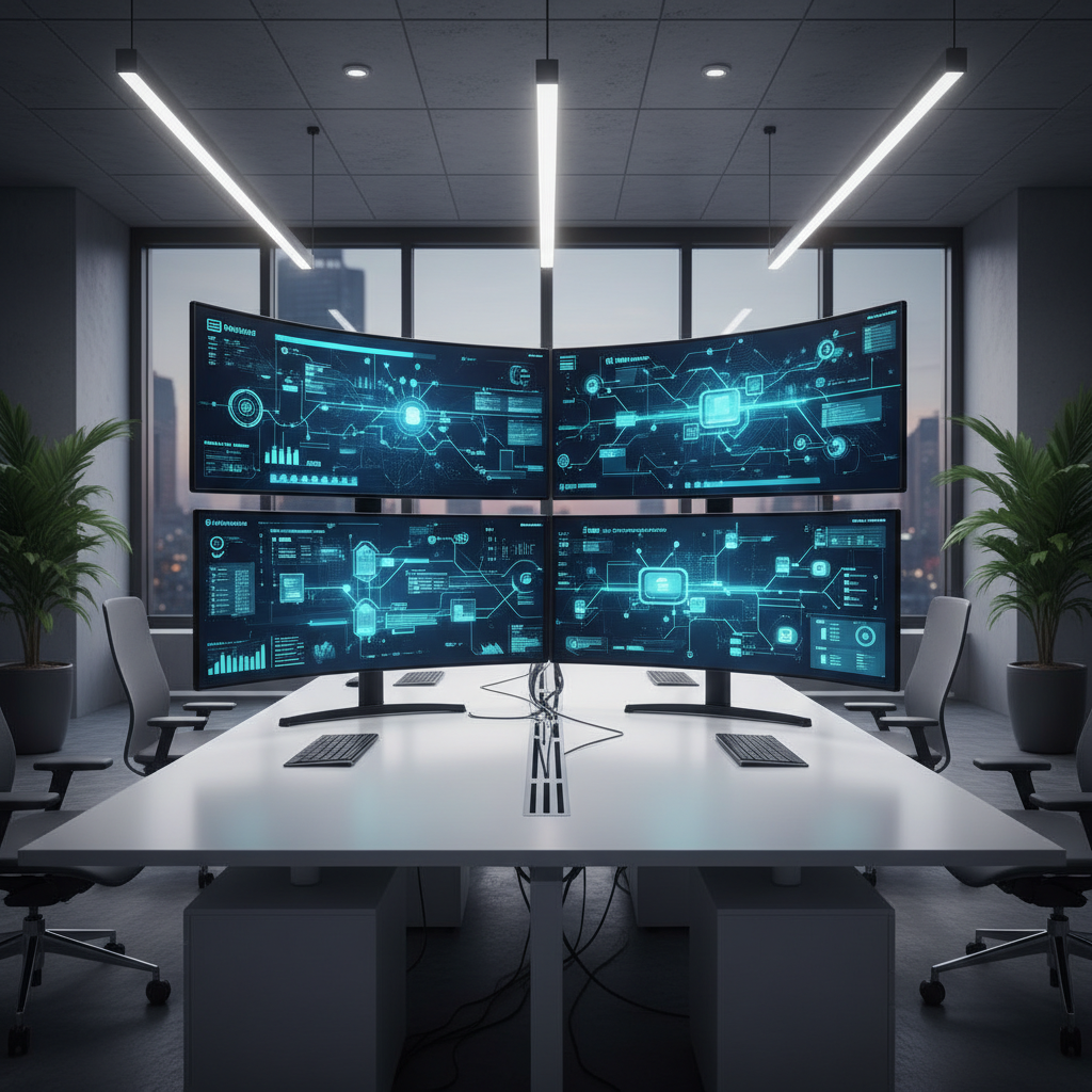 Modern office environment showing AI-powered IT service management dashboard on multiple screens, with network connections and automated workflows visualized, clean tech atmosphere, professional lighting, no text