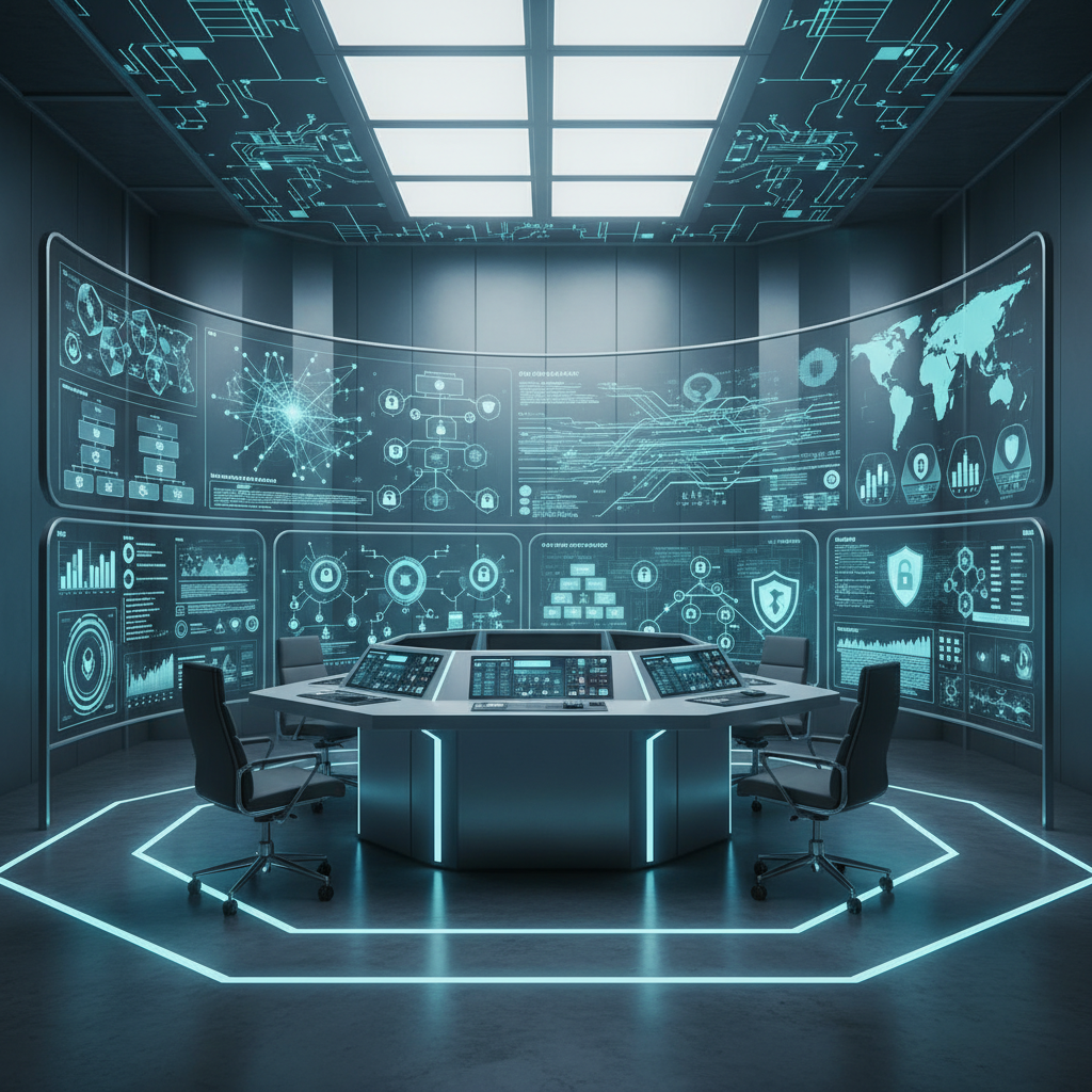 Modern data security control center with multiple screens showing AI analytics, cybersecurity dashboards, data flow visualization, high-tech command center atmosphere, blue and green color scheme, clean infographic style, no text