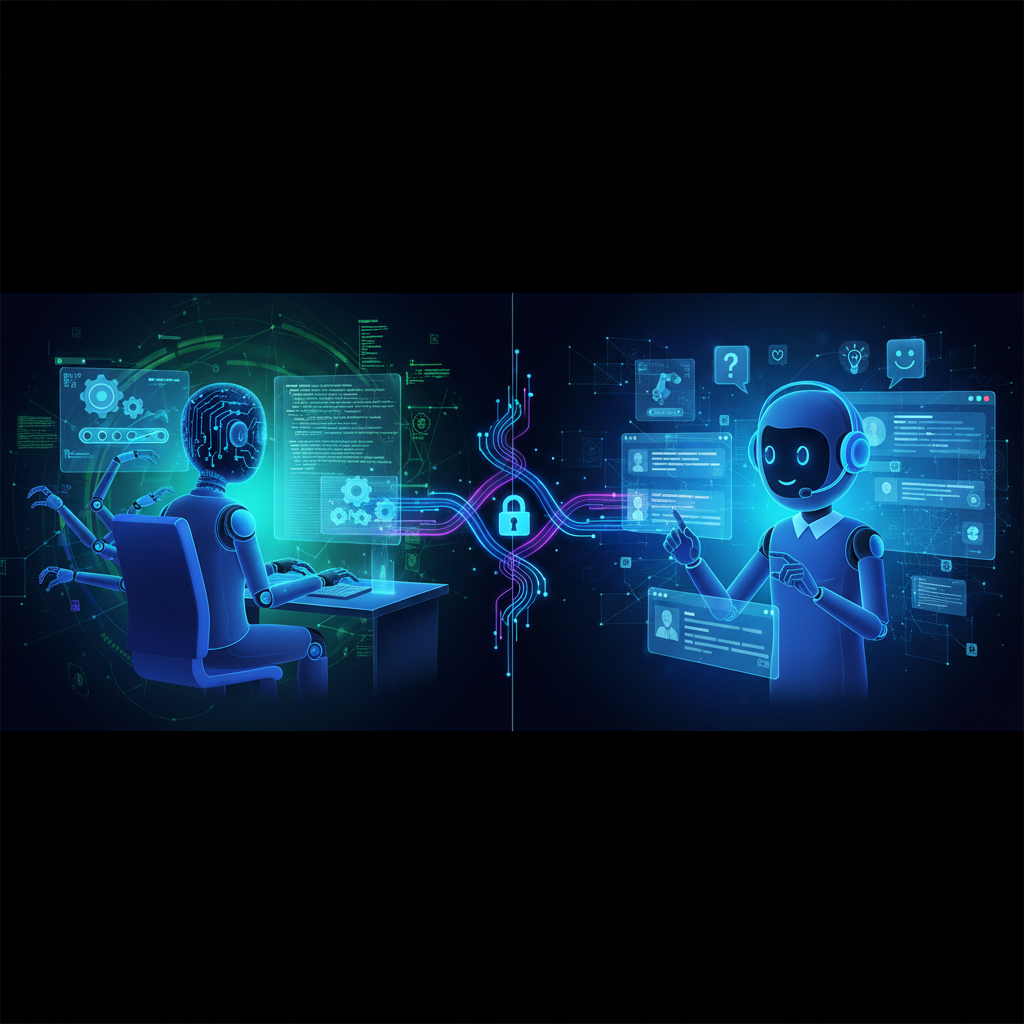 Split-screen illustration showing two AI agents working together - one coding automation tools on the left, another handling help desk requests on the right, connected by secure data flows, modern tech visualization style, no text