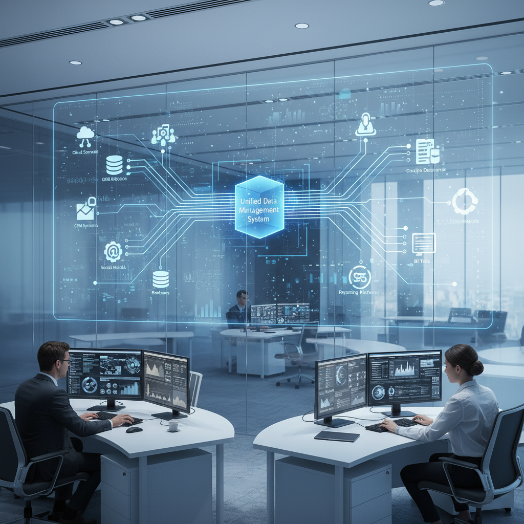Corporate data integration process showing multiple data sources flowing into unified management system, modern office environment with professionals working on data analytics, sophisticated technology setup, professional lighting, no text