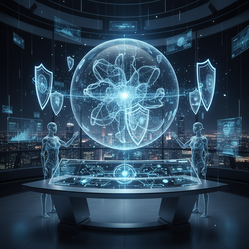 Futuristic data security visualization with AI-powered protection systems, holographic data flows, advanced cybersecurity interface, modern tech atmosphere with blue and silver tones, sophisticated digital environment, no text