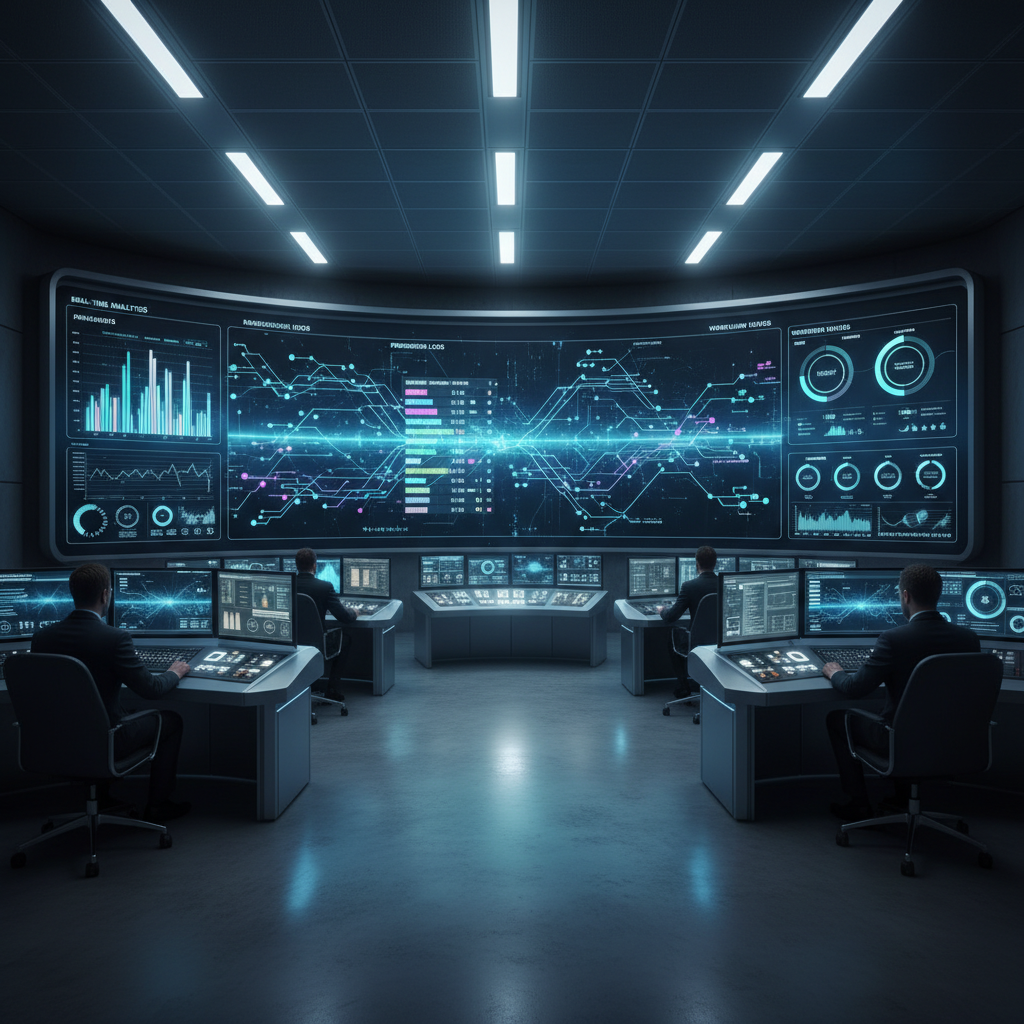 Advanced monitoring dashboard displaying AI agent activities with real-time analytics, permission logs, and workflow status indicators, modern control room atmosphere, professional lighting, no text