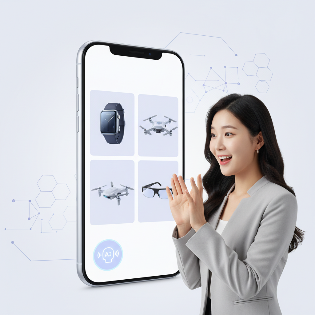 A futuristic, clean infographic showing a smartphone screen displaying various product recommendations, with an AI assistant icon. A Korean person is looking at the screen with a surprised yet pleased expression. The background is a simplified, clean shopping interface. No text.
