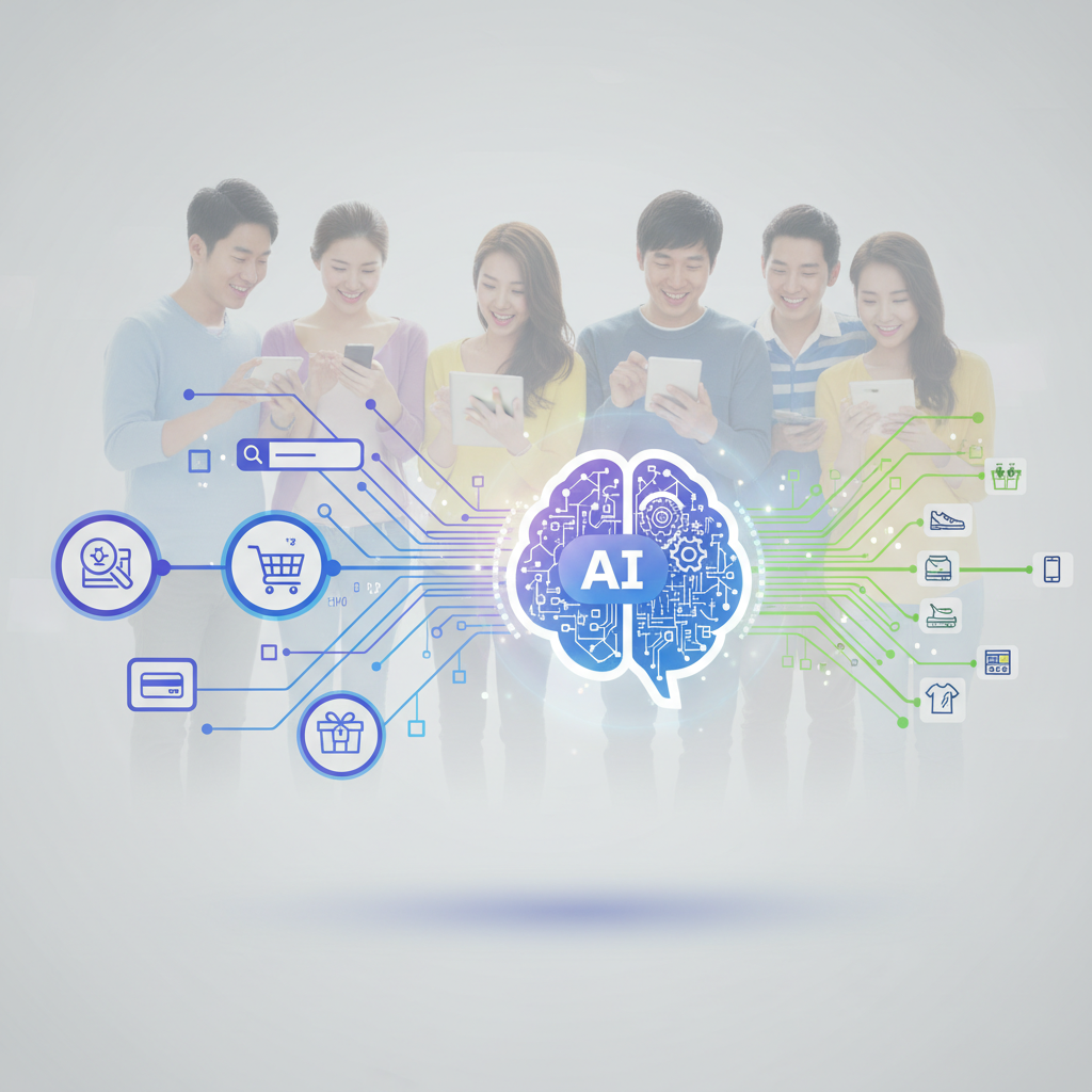 A creative infographic illustration showing data streams flowing from various shopping activities (browsing, searching, purchasing) into a central AI brain icon. The AI then processes this data to generate personalized product recommendations. A diverse group of Korean individuals are faintly visible in the background, representing users. Clean, digital style. No text.