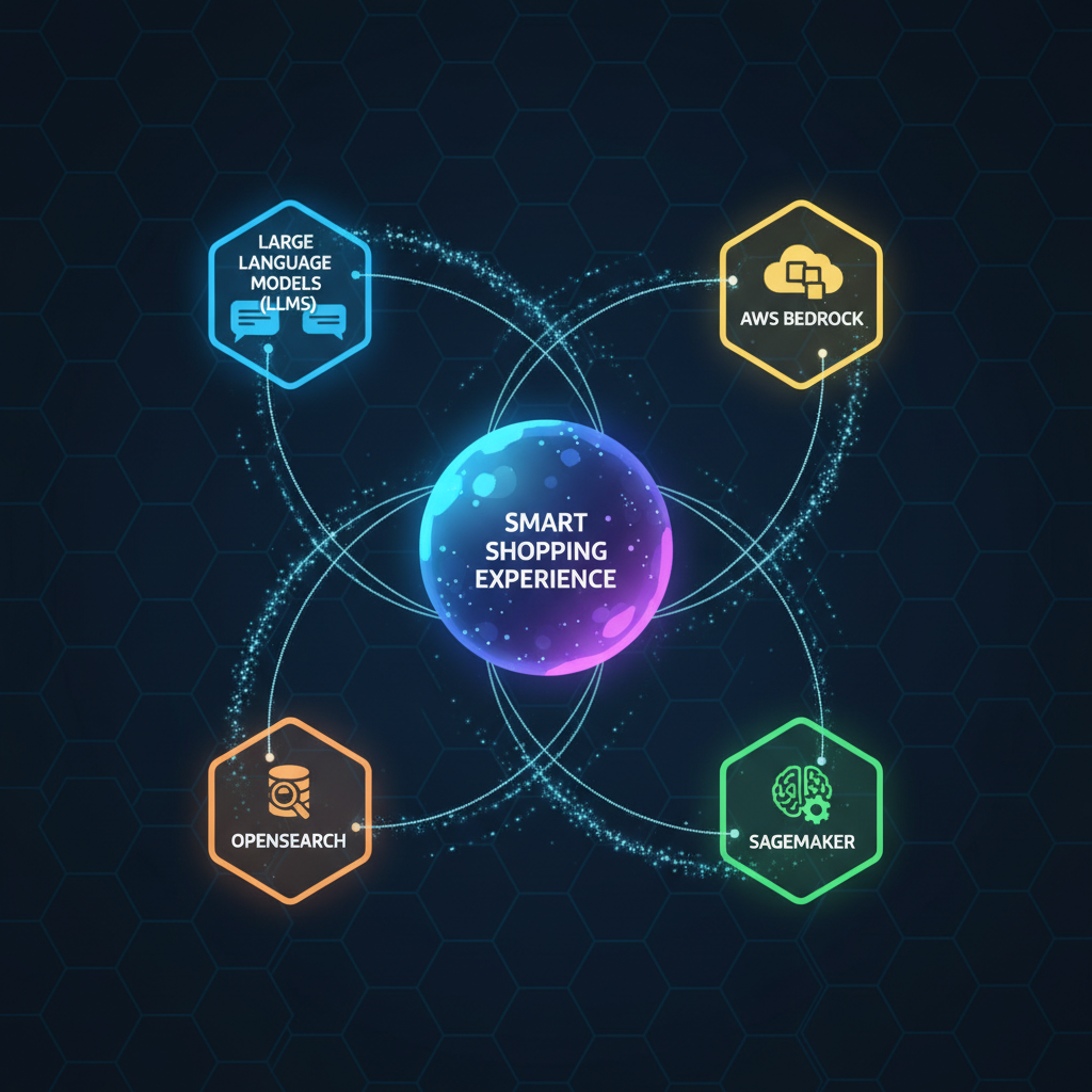 An infographic illustration displaying a complex network of interconnected AI services: large language models (LLMs), AWS Bedrock, OpenSearch, and SageMaker, all working together to power a smart shopping experience. The nodes are glowing with digital light, representing data flow. Style: clean, tech-focused infographic. No text.