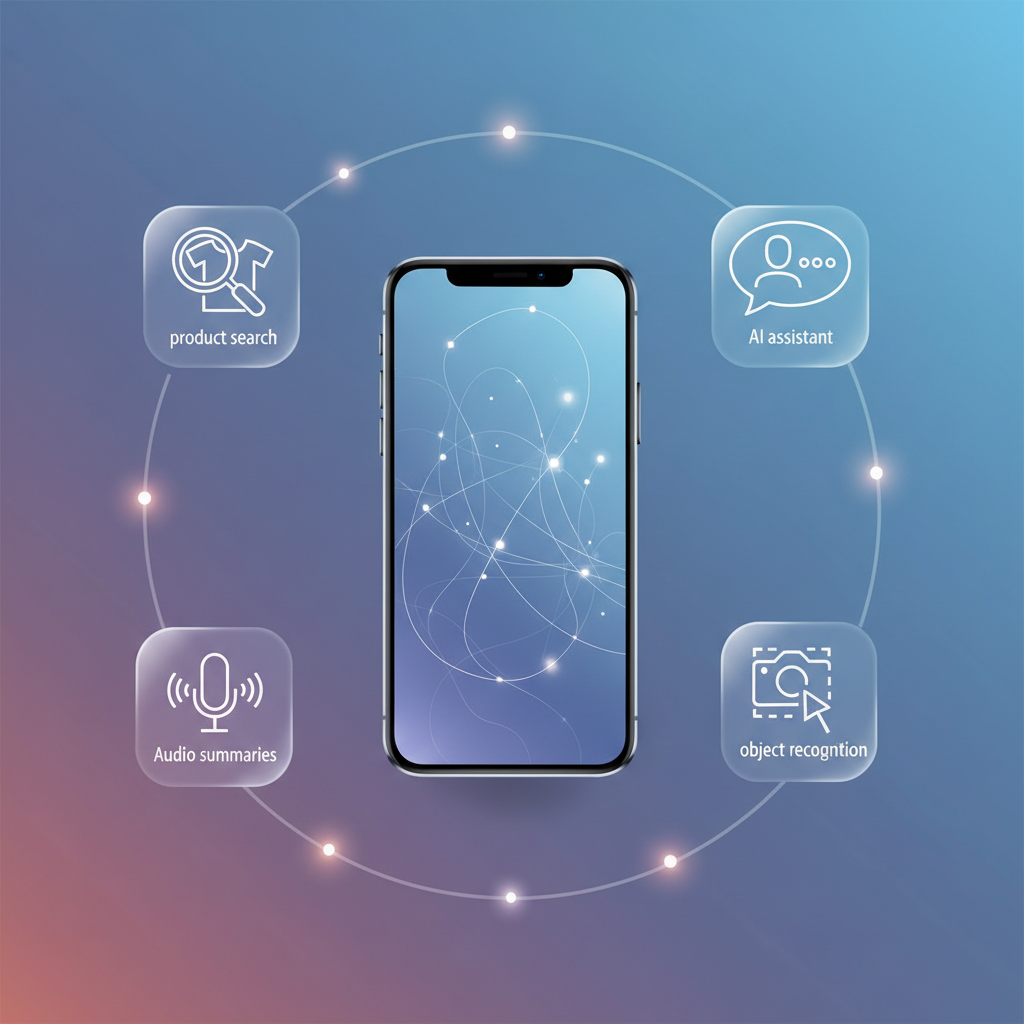A stylish illustration featuring a smartphone at the center, surrounded by various AI shopping tools represented by small, clear icons: a magnifying glass for product search, a chat bubble for AI assistant, a microphone for audio summaries, and a camera lens for object recognition. The overall aesthetic is modern and user-friendly. No text.